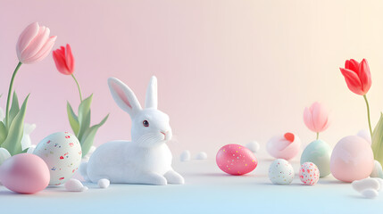 Obraz premium Flowering tulips and pastel-colored eggs surround a cute white bunny, creating a cheerful Easter-themed scene that captures joy and celebration
