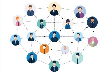 Illustration of a diverse professional network with interconnected individuals, symbolizing community, collaboration, and communication.