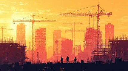 Fototapeta premium Urban development project in flat design, featuring a team of civil engineers managing the construction of skyscrapers, with cranes and scaffolding in the background. The scene uses sharp lines and a