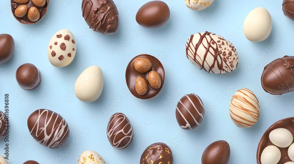 Poster a delightful flat lay features an array of colorful easter chocolates and eggs arranged elegantly on