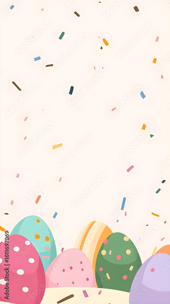 Poster colorful easter eggs are displayed at the bottom of a pastel background with confetti falling softly