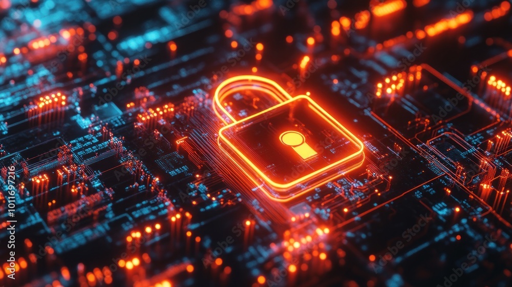 Poster a digital lock symbolizing cybersecurity on a circuit board background.