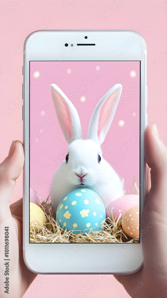Poster a digital easter greeting card displayed on a smartphone featuring a cute white rabbit next to color