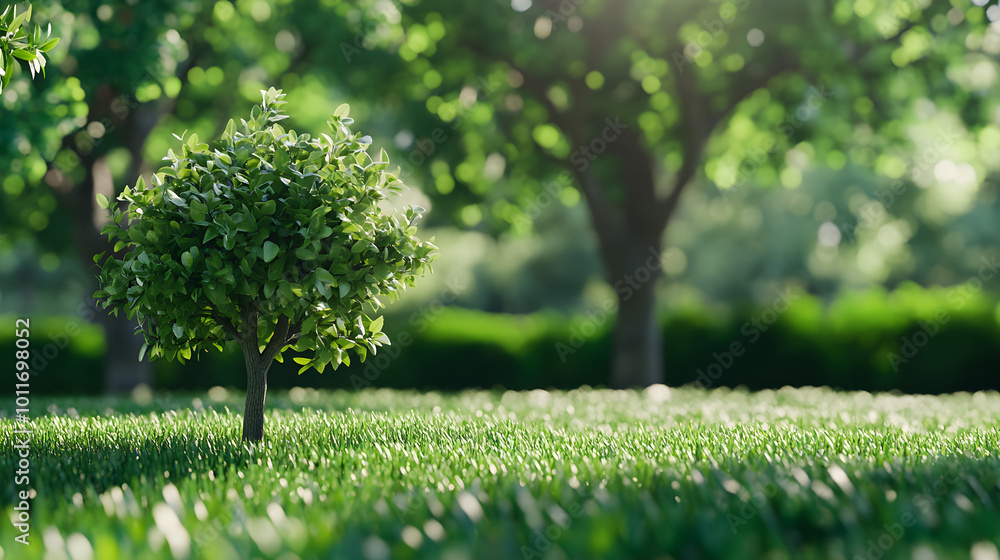 Poster a small tree stands alone on a grassy field with blurred trees in the background, symbolizing nature