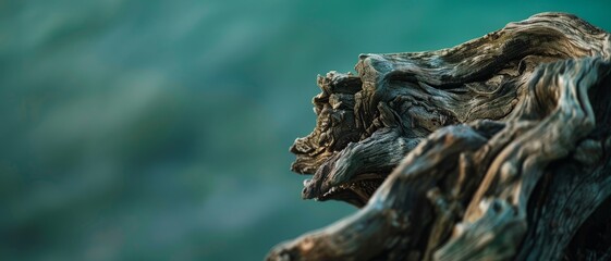 Fototapeta premium Weathered driftwood twists and turns against a muted green background, evoking a sense of raw, natural beauty and resilience.