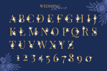 Elegant Floral Alphabet with Gold Lettering, Logotype Uppercase Letters with Flowers and Leaves for Wedding Invitations, Celebration Cards Vector, 