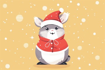 Festive chinchilla in santa hat on snowy background