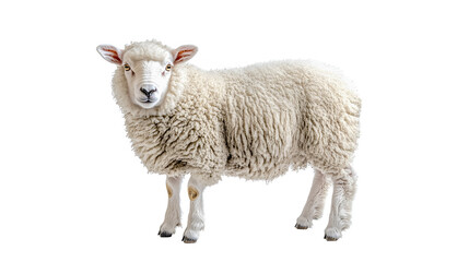 Adorable fluffy white sheep standing in a lush green pastoral countryside meadow. The sheep has a thick wooly fleece and is part of a herd grazing in the natural outdoor landscape.