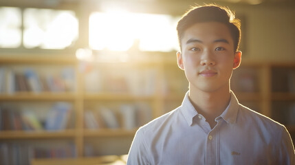 Obraz premium A young asian male teacher stands confidently in a sunlit library, exuding warmth and approachability while surrounded by shelves of books