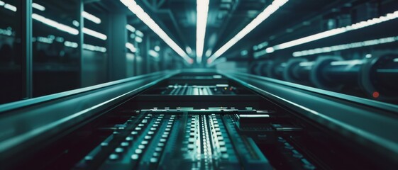 Close-up of an advanced, illuminated conveyor system in a high-tech factory, conveying a sense of modernity and precision engineering.