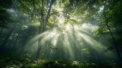 Nature’s Ballet: Sunlight and Mist in a Dense Forest Canopy