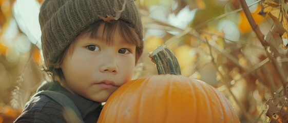A child wearing a knitted hat clutches a large pumpkin, surrounded by autumn leaves, symbolizing the warmth and coziness of fall.