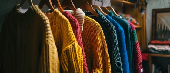 Cozy sweaters in rich, vibrant colors neatly hung on wooden hangers, ready to embrace the chilly weather with warmth and style.