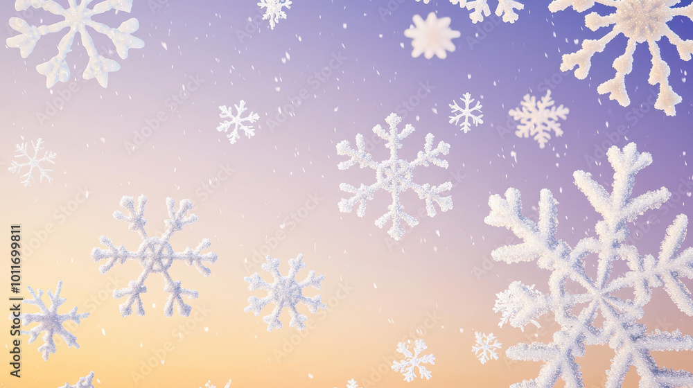 Poster snowflakes gently falling against a soft gradient background of light purple and orange, creating a 
