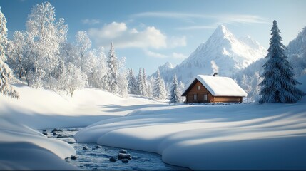 Naklejka premium Cozy Cabin in a Winter Wonderland Landscape