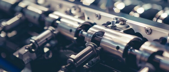 Naklejka premium Detailed view of complex industrial machinery parts with a focus on steel components.