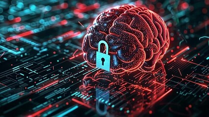 Securing a digital brain with a padlock on a circuit board, symbolizing brain security and data protection, evoking artificial intelligence and cybersecurity - Powered by Adobe