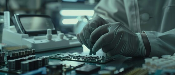 A scientist in gloves carefully assembles electronic components in a laboratory, emphasizing meticulous attention to detail and scientific rigor.
