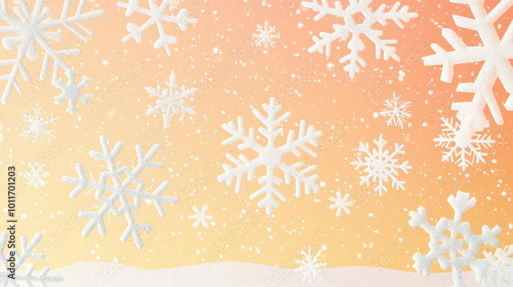 Poster white snowflakes falling against a soft orange gradient background, creating a tranquil winter atmos