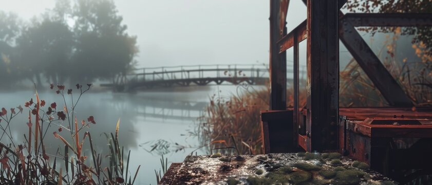 A foggy morning captures a rusty watergate near a calm river, with an old bridge in the background amid dense, serene greenery.