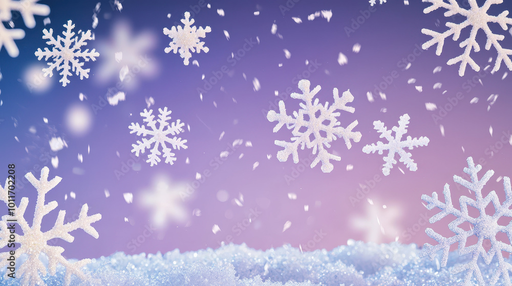 Poster sparkling snowflakes falling against a soft purple background with light snowfall creating a winter 