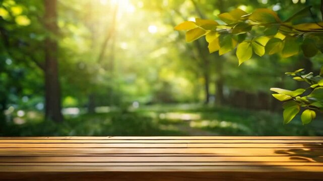 Empty wooden table sun rays trees green blurred background 