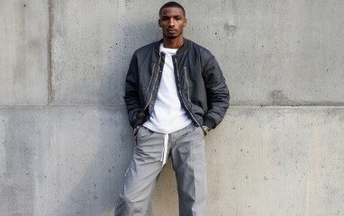 Obraz premium A stylish individual poses confidently against a concrete wall, showcasing a modern urban outfit.
