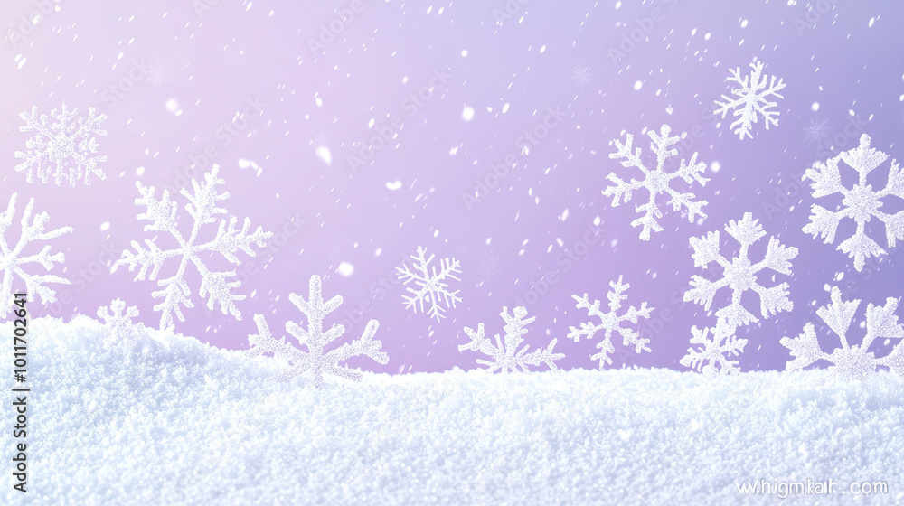 Poster snowflakes falling gently over a soft white surface, creating a serene winter atmosphere with a grad