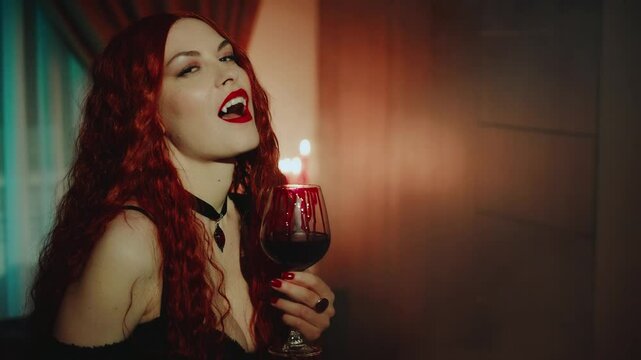 vampire girl licks drops of blood from wineglass red lips beauty face sexy woman white teeth fangs. hand holding glass red wine drinking bloody drink. art holiday party make-up. Gothic lady vamp 4k
