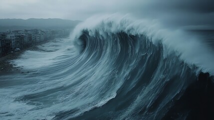 A dramatic image of a tsunami wave approaching the shore, showing the destructive power of water, tsunami wave, water destruction
