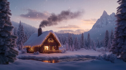 Enchanting Winter Wonderland: Snow-Covered Cabin Illuminated by Twinkling Lights in a Serene Mountainous Forest Landscape at Dawn
