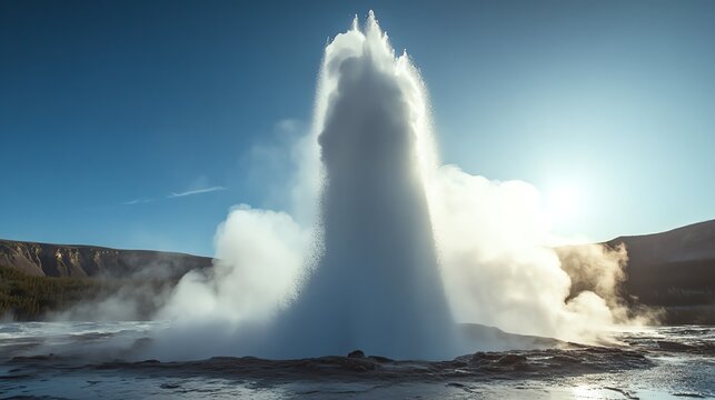 A geyser exploding from the earth in a burst of steam and water, capturing the untamed geothermal power of water, geyser explosion, natural power release