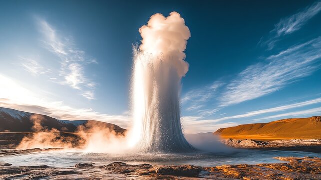 A geyser exploding from the earth in a burst of steam and water, capturing the untamed geothermal power of water, geyser explosion, natural power release