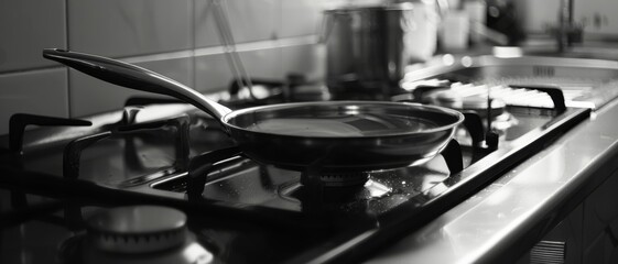 A sleek frying pan sits on a modern gas stove, reflecting subtle light, creating a calm and functional kitchen ambiance.