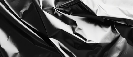 Obraz premium Shiny black and white plastic elegantly crumpled in sharp folds, creating a striking monochrome abstract art piece filled with dynamic contrasts and textures.