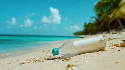 A plastic bottle lies discarded on a pristine beach, highlighting the issue of ocean pollution under a clear blue sky with palm trees in the background.