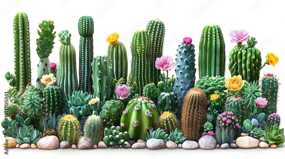 Poster diverse collection of cactus and succulent plants growing in a natural,arid setting with stones and 