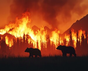 Silhouetted bears walk amidst a blazing forest fire, highlighting wildlife resilience and environmental challenges in nature.