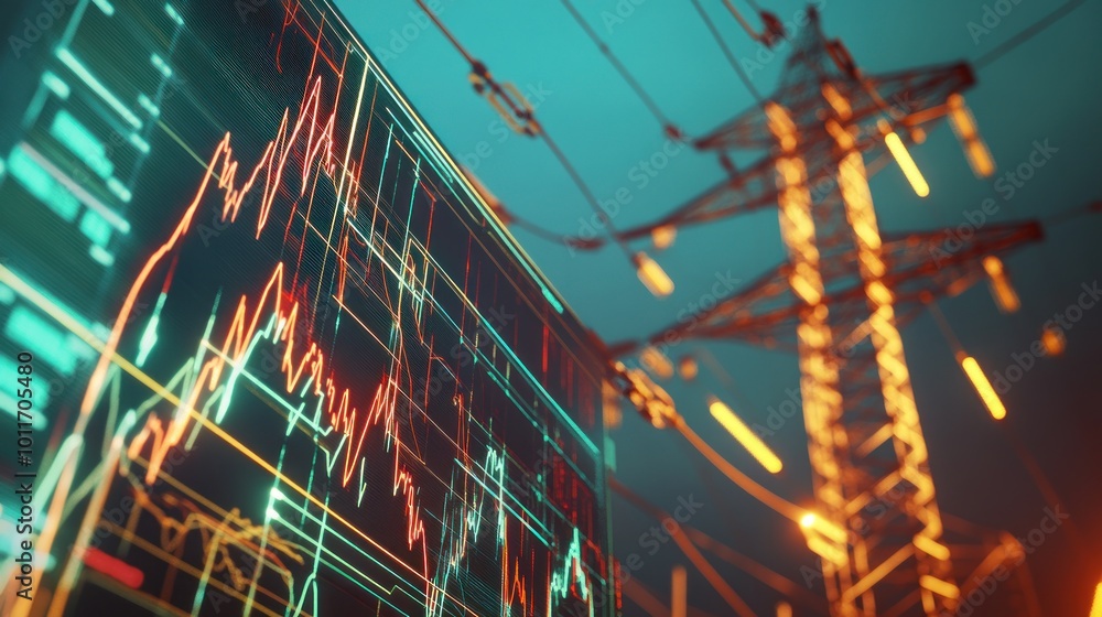 Poster a digital representation of data analytics alongside power lines, symbolizing energy management.
