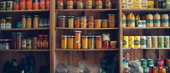 An eclectic assortment of canned and dry goods neatly placed on a wooden pantry shelf, revealing a practical and resourceful kitchen storage solution.