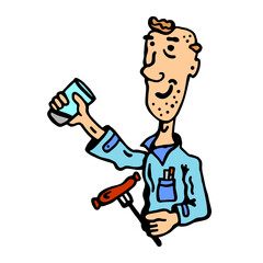 A hand-drawn cartoon of a smiling man holding a glass of water and a sausage on a fork