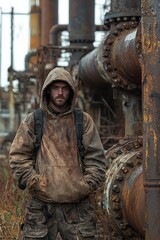 Obraz premium Urban Explorer in Oversized Hoodie Standing in Front of Abandoned Industrial Building with Rusty Pipes and Graffiti Background