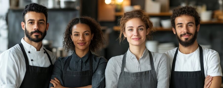 Confident Restaurant Staff Standing In Row, Generative AI