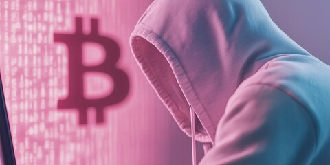 Man in hoodie with Bitcoin symbol overlay coding on computer in digital environment, fluorescent neon pink colors. Concept of cybersecurity and data protection, cryptocurrency. Futuristic banner
