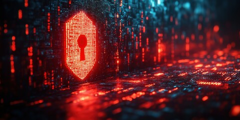 Lock icon with keyhole in red surrounded by digital code and microprocessors with glow, fluorescent neon colors on black background. Cybersecurity and data protection concept. Futuristic banner