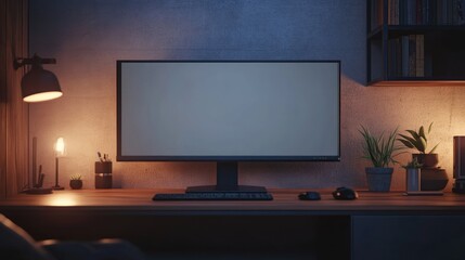 Fototapeta premium A dimly lit workspace featuring a blank monitor, plants, and warm lighting.