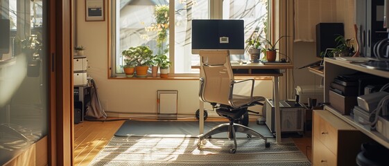 Sunlit home office with a large window, plenty of natural light, an ergonomic chair, a desk cluttered with plants, and a computer monitor.