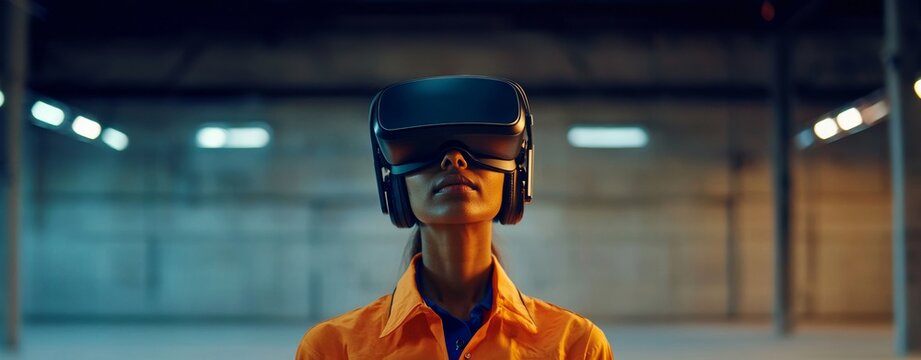 Top view of a female engineer in workwear and VR headset
