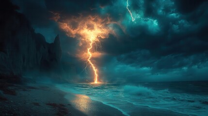 a dramatic beach scene with a fierce lightning strike illuminating a dark moody sky capturing the raw power of nature as waves crash against the shore at dusk