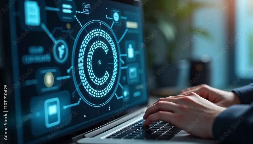 Aufkleber close-up view of a laptop screen with copyright symbol and digital elements for technology and intel